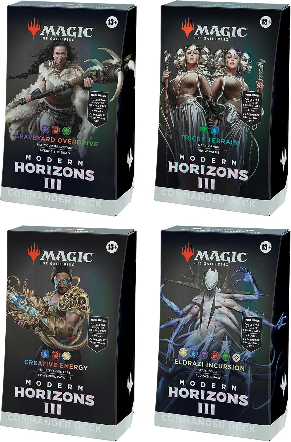 Magic: The Gathering Modern Horizons 3 Commander Deck Bundle - Enthält alle 4 Decks (Friedhofs-Overdrive, Tricky Terrain, Creative Energy, und Eldrazi Incursion)