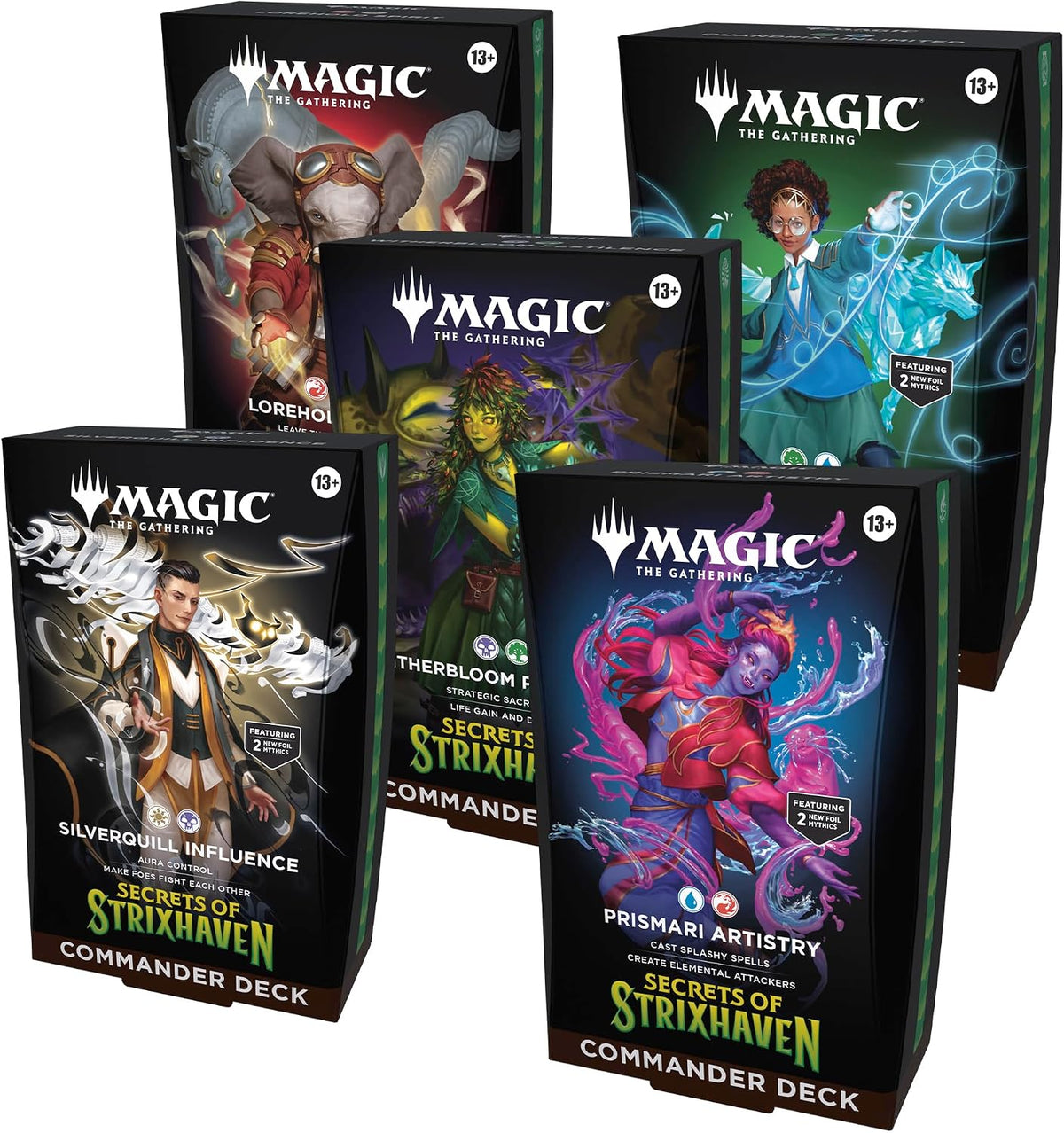 Magic: The Gathering Secrets of Strixhaven Commander-Deck-Paket, enthält alle 5 Decks (Silverquill Influence, Prismari Artistry, Witherbloom Pestilence, Lorehold Spirit, Quandrix Unlimited)