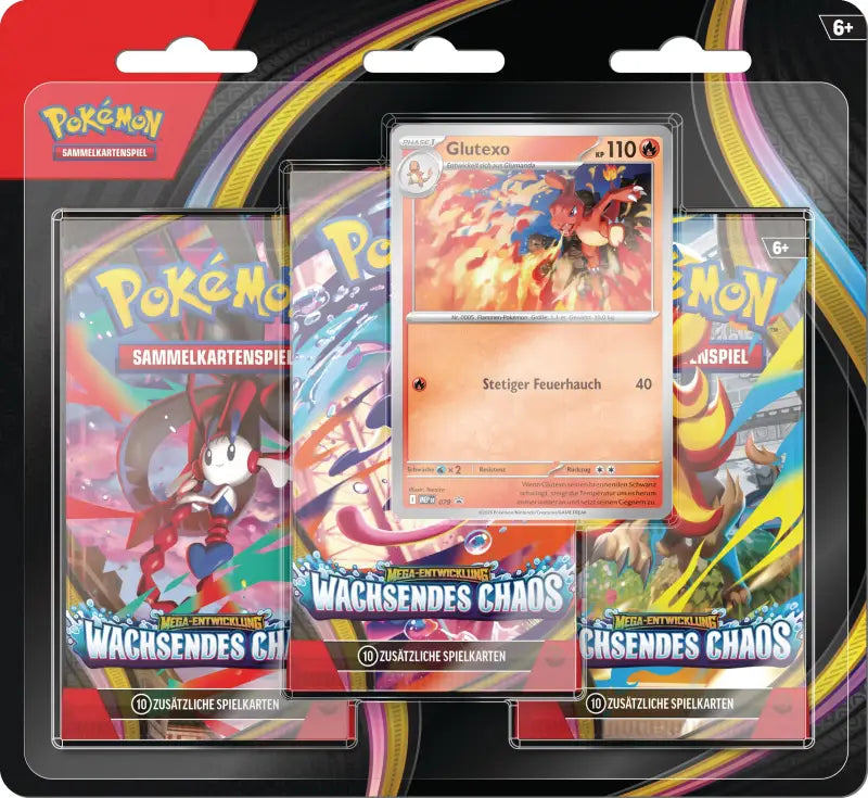 Pokémon-Sammelkartenspiel: 3-Pack-Blister Mega-Entwicklung – Wachsendes Chaos (Glutexo)