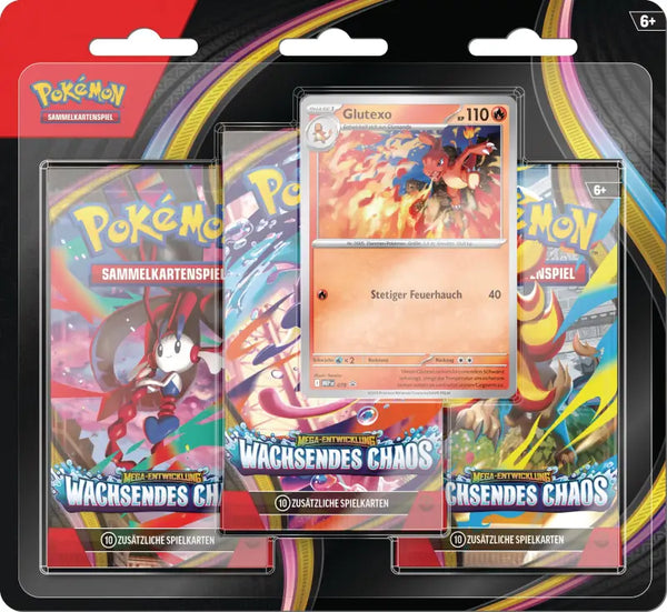 Pokémon-Sammelkartenspiel: 3-Pack-Blister Mega-Entwicklung – Wachsendes Chaos (Glutexo)